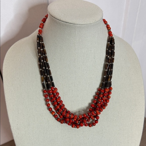 Vintage Jewelry - Vintage Handmade Red and Brown Beaded Necklace multi strand
